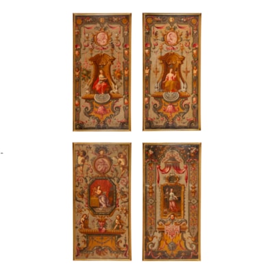 An exceptionnal set of 4 oils on canvas, the allegory of the 4 senses (the sight, the hearing, the smell, the taste) in a 
