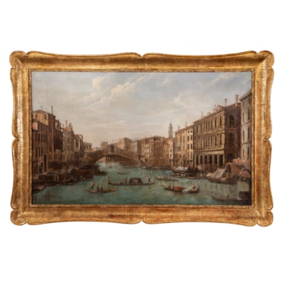 Importante huile sur toile représentant le Grand canal à la hauteur du pont du Rialto, Venise, seconde moitié du XVIIIème attribuée à Apollonio Domenichini (1715-1770), cadre en bois doré du XIXème (avec le cadre : 146 cm x 98 cm)