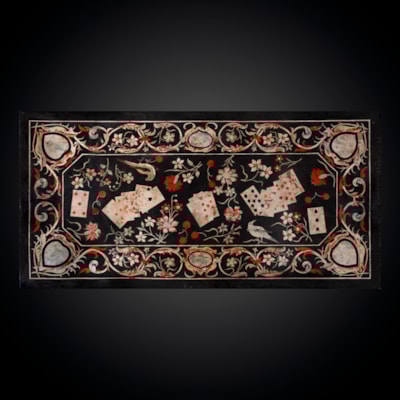 A scagliola top, with flowers, birds and playing cards decoration, Italy, 18th century, on a carved and gilded wood basement, as a coffee table (130 cm wide, 70 cm deep, 41 cm high) (51 in. wide, 28 in. deep, 16 in. high)