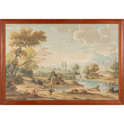 A tempera on canvas, characters and animals around a river, Italy, early 19th century (with the frame : 160 cm x 110 cm) (with the frame : 63 inc. x 43 inc.)