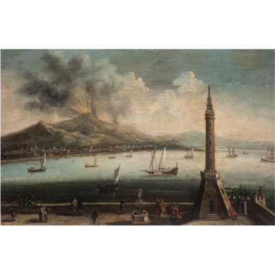 Huile sur toile, éruption du Vésuve vue de la jetée du port de Naples (